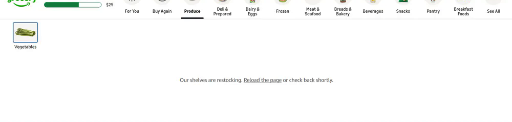 Amazon grocery storefront showing &ldquo;Our shelves are restocking. Reload the page or check back shortly.&rdquo;